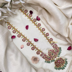 Vriksham Designer Dual Peacock Pendant Kundan Jadau Coin Style Neckpiece-Pastel Green Bead-J2957