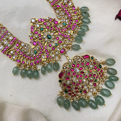 Vriksham Designer Dual Peacock Pendant Kundan Jadau Coin Style Neckpiece-Pastel Green Bead-J2957