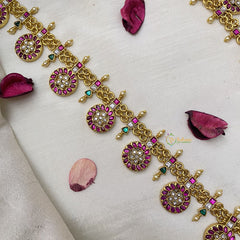 Vriksham Designer Dual Peacock Pendant Kundan Jadau Coin Style Neckpiece-Pastel Green Bead-J2957