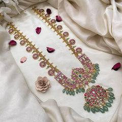 Vriksham Designer Dual Peacock Pendant Kundan Jadau Coin Style Neckpiece-Pastel Green Bead-J2957