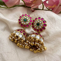 Jadau Kundan Floral Jhumkas-Golden Bead-Pearl-J2159
