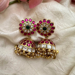 Jadau Kundan Floral Jhumkas-Golden Bead-Pearl-J2159
