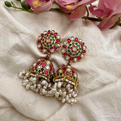 Premium Floral Jadau Kundan Jhumkas-Rice Pearl-J2168
