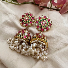 Premium Floral Jadau Kundan Jhumkas-Rice Pearl-J2168