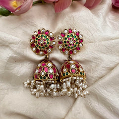 Premium Floral Jadau Kundan Jhumkas-Rice Pearl-J2168