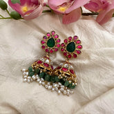 Premium Jadau Kundan Jhumkas-Aqua Green Beads-Rice Pearl-J2139