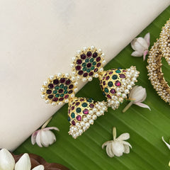 Vriksham Precious Gold Polish Kemp Jhumka-Red Green-Pearl-G18521