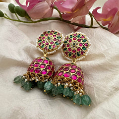 Designer Jadau Kundan Jhumkas-Aqua Green Beads-Pearls-J2176
