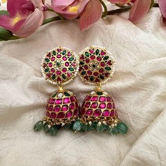 Designer Jadau Kundan Jhumkas-Aqua Green Beads-Pearls-J2176