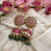 Statement Jadau Kundan Jhumkas-Aqua Green Bead-Pearl-J2164