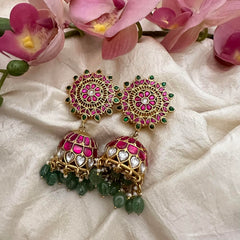 Statement Jadau Kundan Jhumkas-Aqua Green Bead-Pearl-J2164