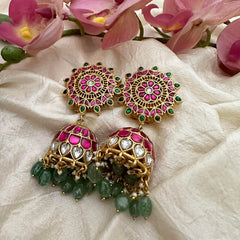 Statement Jadau Kundan Jhumkas-Aqua Green Bead-Pearl-J2164