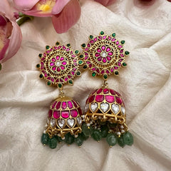 Statement Jadau Kundan Jhumkas-Aqua Green Bead-Pearl-J2164