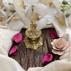 Vriksham Antique Gold Finish Intricately Carved Ganesha With Floral Base Kumkum Box-Red Green-G20273