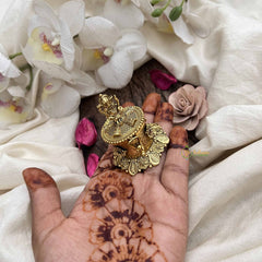 Vriksham Antique Gold Finish Intricately Carved Ganesha With Floral Base Kumkum Box-Red Green-G20273