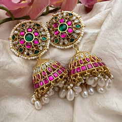 Statement Jadau Kundan Jhumkas-Mother of Pearls-J2171