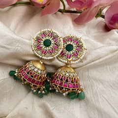 Floral Jadau Kundan Jhumkas-Green Bead-Pearl-J2163