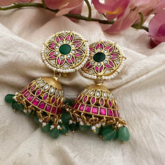 Floral Jadau Kundan Jhumkas-Green Bead-Pearl-J2163