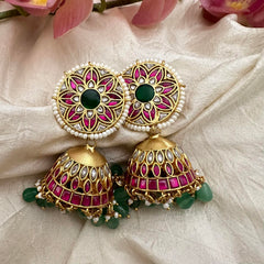 Floral Jadau Kundan Jhumkas-Green Bead-Pearl-J2163