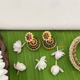 Vriksham Traditional Kemp Flower Jhumkas-Green Red-Pearl-G18567