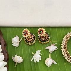 Vriksham Traditional Kemp Flower Jhumkas-Green Red-Pearl-G18567