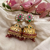 Antique Polish Jadau Kundan Jhumkas-Red Beads-Pearls-J2173