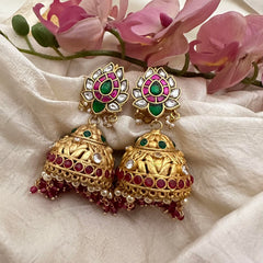 Antique Polish Jadau Kundan Jhumkas-Red Beads-Pearls-J2173
