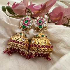 Antique Polish Jadau Kundan Jhumkas-Red Beads-Pearls-J2173