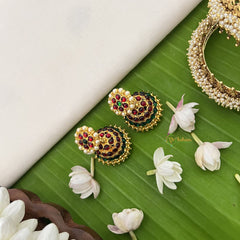 Vriksham Traditional Kemp Flower Jhumkas-Green Red-Pearl-G18567