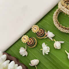 Vriksham Traditional Kemp Flower Jhumkas-Green Red-Pearl-G18567