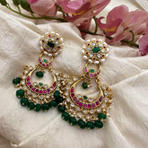 Precious Jadau Kundan Chandbali-Green Beads-Pearls-J2174
