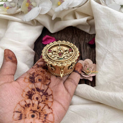 Vriksham Round Floral Brass Finish with Red & Green Gem Accent Kumkum Box-G20282