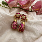 Unique Red Jadau Kundan Damru Jhumkas-Pearl-J2161