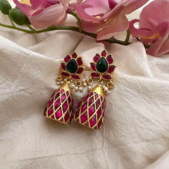 Unique Lotus Jadau Kundan Damru Jhumkas-Pearl-J2162