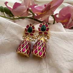 Unique Lotus Jadau Kundan Damru Jhumkas-Pearl-J2162