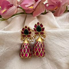 Unique Lotus Jadau Kundan Damru Jhumkas-Pearl-J2162