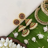 Vriksham Traditional Kemp Double Jhumkas-Green Red-Pearl-G18564
