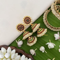 Vriksham Traditional Kemp Double Jhumkas-Green Red-Pearl-G18564