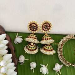Vriksham Traditional Kemp Double Jhumkas-Green Red-Pearl-G18564