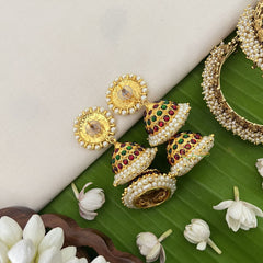 Vriksham Traditional Kemp Double Jhumkas-Green Red-Pearl-G18564