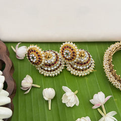 Vriksham Traditional Kemp Jhumkas-White Red-Pearl-G18563