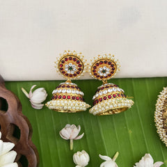 Vriksham Traditional Kemp Jhumkas-White Red-Pearl-G18563