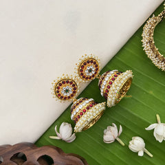 Vriksham Traditional Kemp Jhumkas-White Red-Pearl-G18563