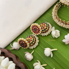 Vriksham Traditional Kemp Jhumkas-Medium-Green Red-Pearl-G18566