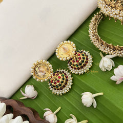 Vriksham Traditional Kemp Jhumkas-Medium-Green Red-Pearl-G18566