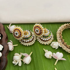 Vriksham Precious Kemp Jhumkas-Green White & Red-Pearl-G18553