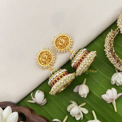 Vriksham Precious Kemp Jhumkas-Green White & Red-Pearl-G18553