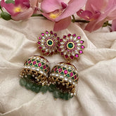 Stylish Floral Jadau Kundan Jhumkas-Aqua Green Beads-Pearls-J2172