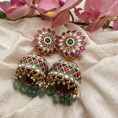 Stylish Floral Jadau Kundan Jhumkas-Aqua Green Beads-Pearls-J2172