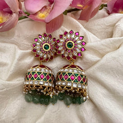 Stylish Floral Jadau Kundan Jhumkas-Aqua Green Beads-Pearls-J2172